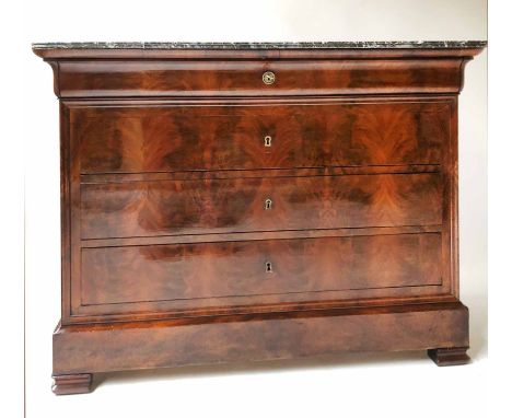 COMMODE, 19th century French Louis Philippe flame mahogany with St Annes variegated grey white and black marble top above fou