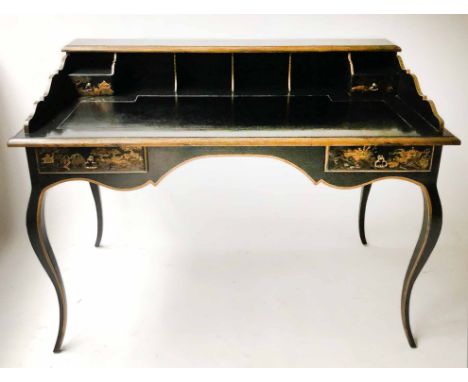 WRITING DESK, vintage Louis XV style black lacquer and gilt Chinoiserie with leather, pigeon holes two frieze drawers and cab
