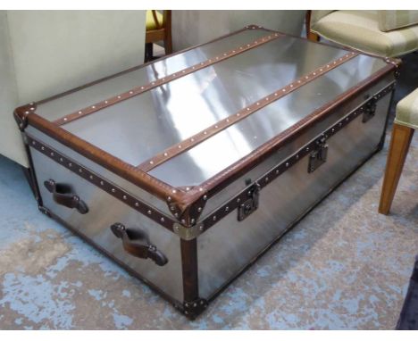 STEAM TRUNK, by restoration hardware stainless steel with leather strap work and two end drawers, 77cm x 44cm H x 128cm. (sli