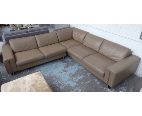 ROCHE BOBOIS CORNER SOFA, caramel leather finish, 270cm x 260cm x 90cm approx.