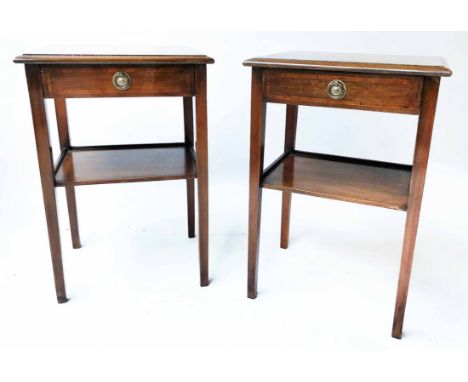 LAMP TABLES, a pair, George III style mahogany and satinwood crossbanded each with frieze drawer and undertier, 41cm x 33cm x