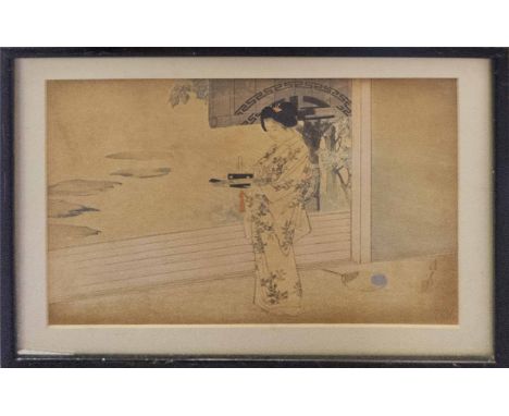 MIZUNO TOSHIKATA (Japanese 1866-1908) 'Lighting a Lantern', hand coloured woodblock, signed with stamp, published 1899 by Aki