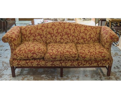 SOFA, George III style in red foliate patterned material with three seat cushions, 215cm W.