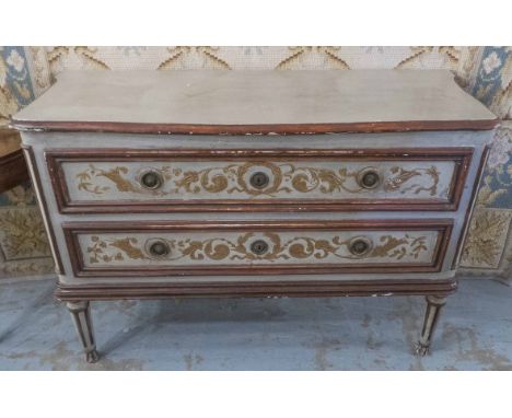 COMMODE, late 18th century Italian of substantial proportions, grey painted with two drawers gilt detail on fluted supports, 
