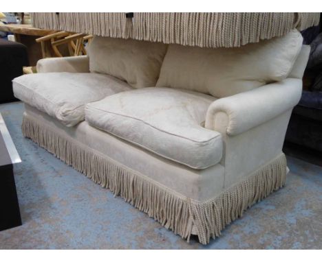 GEORGE SMITH SOFA, traditional style, cream patterned fabric with bullion fringe. 200cm wide (fabric marked)