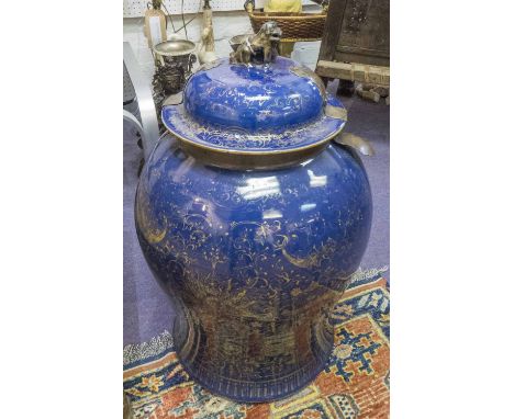 CHINESE URN, of substantial proportions, blue and gilt with a hinged lid, 66cm H x 35cm.