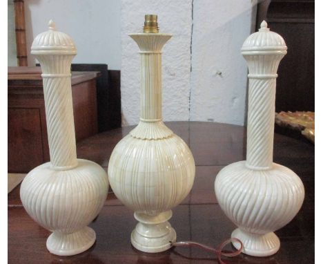 URNS WITH COVERS, a pair, and a different lamp base (converted), 46cm H. (3)