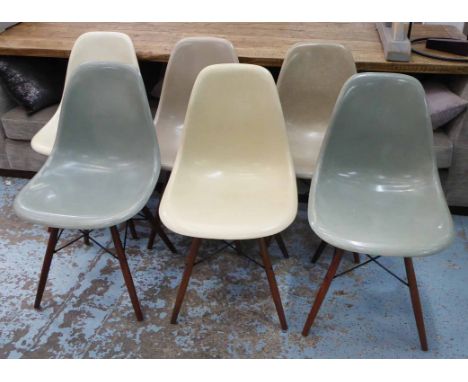 HERMAN MILLER DSW DINING CHAIRS, a set of six, by Charles and Ray Eames, vintage shell seats with latter legs, 85cm H. (6)