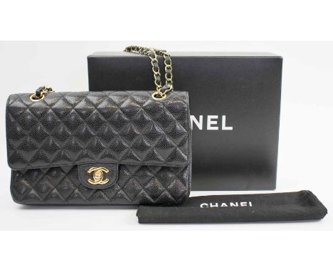 CHANEL CLASSIC FLAP BAG, black caviar leather with front double flap closure, interwoven leather and chain strap, black leath