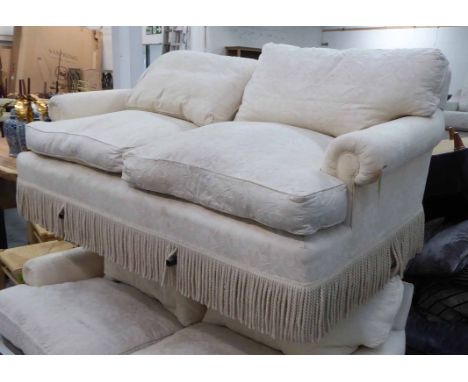 GEORGE SMITH SOFA, traditional style, cream patterned fabric with bullion fringe. 200cm wide (fabric marked)