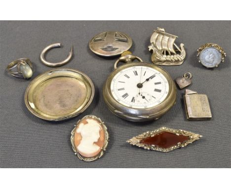 SILVER JEWELLERY ITEMS &amp; POCKET WATCH to include; a carnelian and marcasite brooch, viking ship, and Aztec motif brooch, 