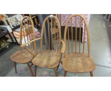 Three Ercol style chairs. (Collect only) 