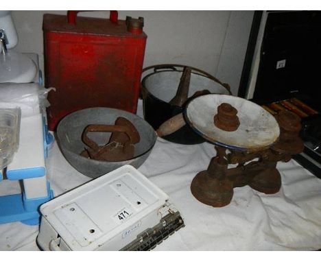 A mixed lot including scales, jam pan, Jerry can etc., (Collect only) 