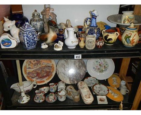 Two shelves of ceramic items including figures, plates etc.,  (collect only) 