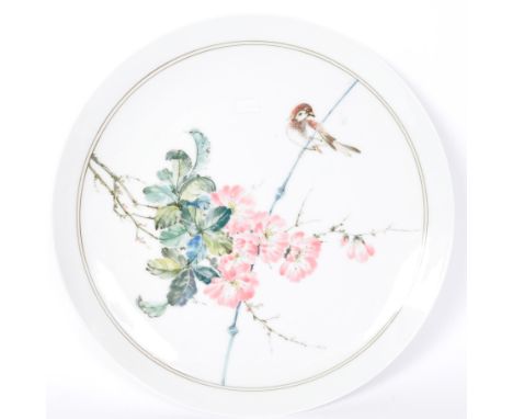 Herend - A vintage 20th century Herend hand painted charger plate to feature a bird perched upon a cherry blossom. Measures 3