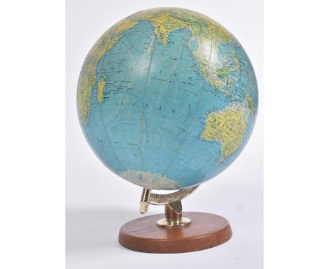 A vintage 20th Century 1970s Danish Scan-Globe A/S made globe. Raised on a circular plinth teak base with chrome arch support