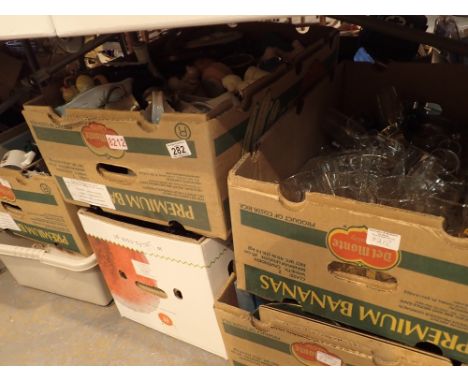 Seven boxes of mixed glass ceramics and tools