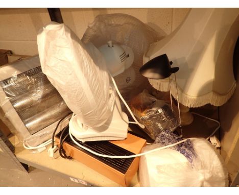Shelf of mixed electricals including two fans heaters lamps etc
