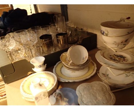 Shelf of mixed ceramics and drinking glasses including Wedgwood crystal etc