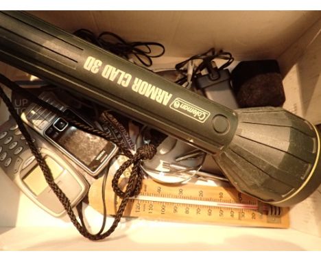 Two Nokia phones and chargers wood backed thermometer magnifying glasses pens and a Coleman Armour Clad torch