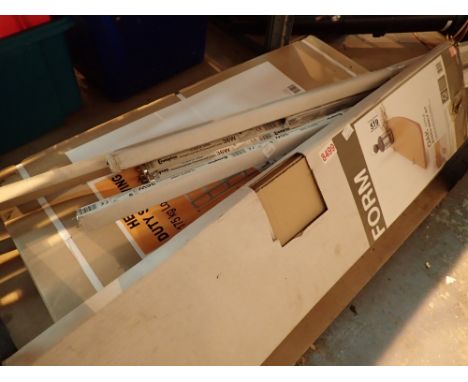 Boxed heavy duty shelving set oak style bowed shelf kit and ten various fluorescent tubes