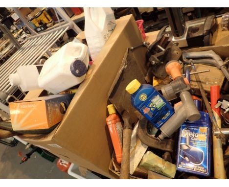 Selection of mixed tools including vice hammers and household cleaning items etc