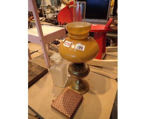 Two decanters an oil lamp and boxed coffee spoon