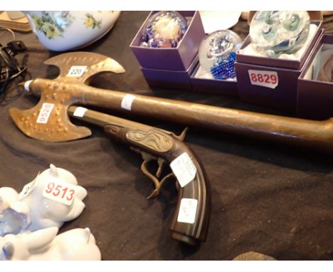 Replica flintlock pistol and medieval axe 