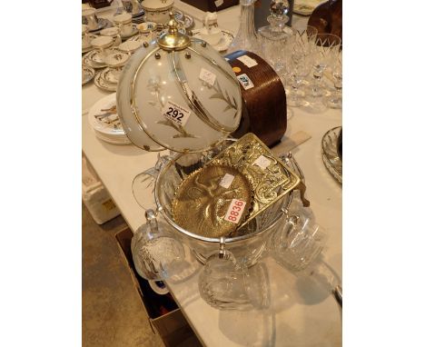 Touch lamp punch bowl set and two brass items 