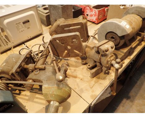 Large bench mounted companion pillar drill with belt drive and a large double ended bench grinder and bench vice