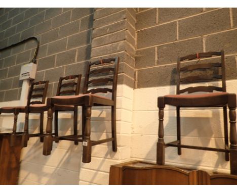 Four ladder back dining chairs in dark oak with pink velour seats