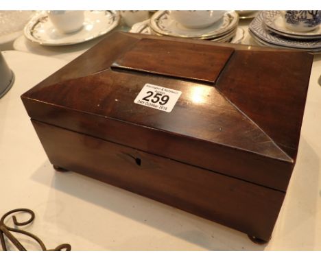Antique mahogany sarcophagus work box A/F condition lacking two bun feet and replacement inner shelf