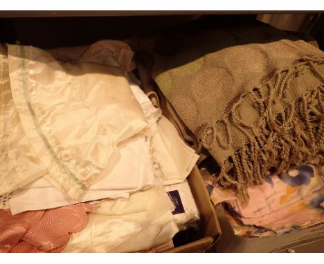 Two boxes of mixed linen including lace doilies curtains fabric etc