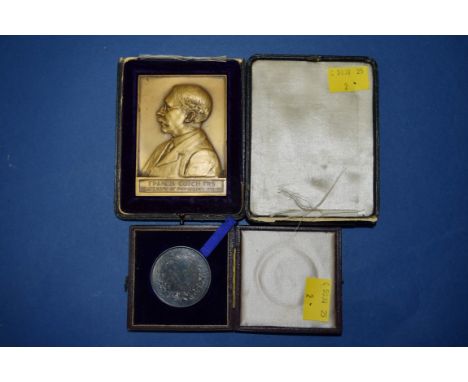 Plaque: Francis Gotch, M.R.C.S, 1853-1930, a cased gilt bronze rectangular plaque, by A Drury R.A, obv bust and text ' Franci