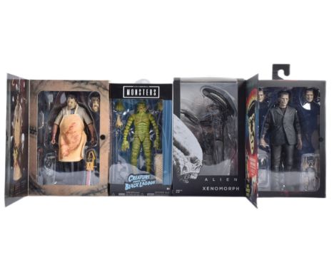 A collection of x4 assorted Horror themed action figures comprising; NECA Frankenstein, Texas Chainsaw Massacre Leatherface, 