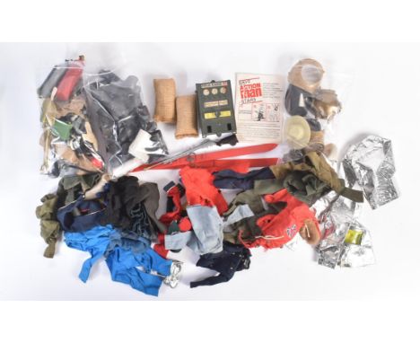 A large collection of vintage Palitoy Action Man clothing and accessories. Clothing appearing to include Canadian Mounted Pol