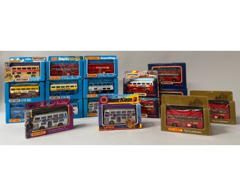 Matchbox - Superkings, fourteen K15 bus boxed models comprising 'The Planetarium', 'Around London Tour-Bus', 'Butterkist', 'M