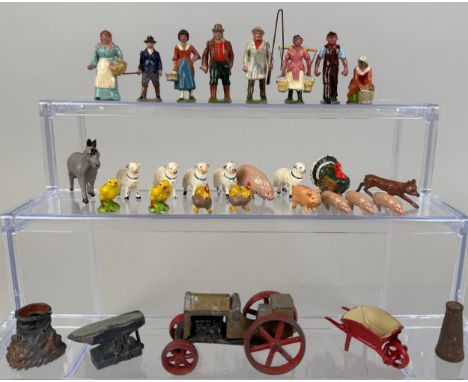 Britains and other hollow cast metal farm figures comprising farmer and farmers wife, milkmaid, farmer with lunge whip, anima