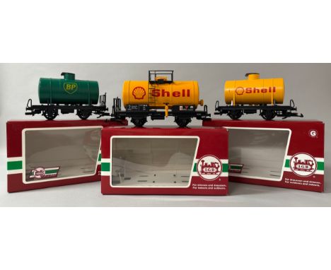 Lehmann-Gross-Bahn (LGB) - 94140, 'Toy Train' 'BP' 4-wheel tank car, G gauge, boxed; 94280, 'Toy Train' 'Shell' 4-wheel tank 