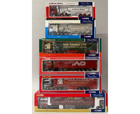 Corgi Toys - CC13404 Man TGA Curtainside, Moffett Mounty Norman Emerson &amp; son Ltd, 1/50 scale, boxed; 76401 Scania Curtai