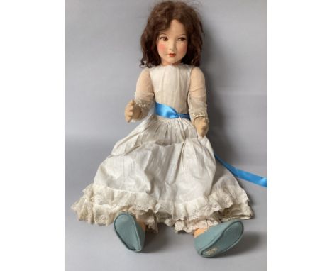 Antique large 30” cloth doll with dark curled hair from Deans Ragbook UK -the largest series with detailed painted eyes origi