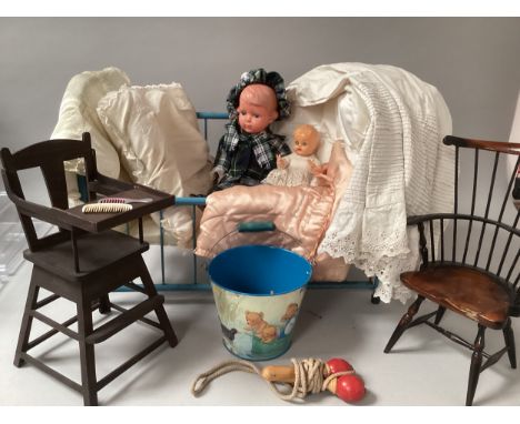 Antique and vintage toys collection to include a German celluloid child doll, a metal 1950s  metal tubular blue painted dolls