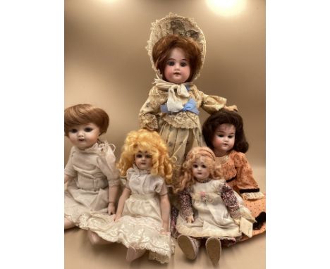 Group of German antique and Valerie kay artist bisque head dolls ; 1894 c 14” bisque head Marseille doll Antique, a further 1