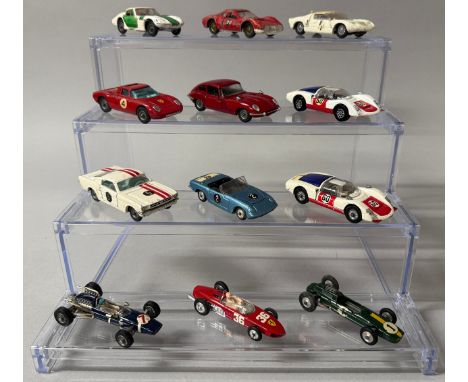 Corgi Toys - 155 Lotus-Climax Formula 1, green body with yellow stripe, '1' decal to bonnet and doors, spun hubs; 156 Cooper-