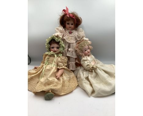 German antique dolls trio to include a Marseille 985 12” and a German doll in cream silk bisque head and a 13” 390 Marseille 