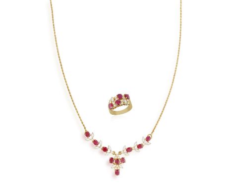 A RUBY AND DIAMOND NECKLACE WITH RING EN SUITE, the ropetwist chain suspending a series of oval-shaped rubies with single-cut