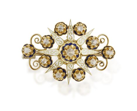 A DIAMOND AND ENAMEL BROOCH, centring a star with a rose-cut diamond and enamel, accented with further rose-cut diamonds and 