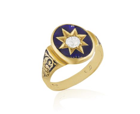 A DIAMOND AND ENAMEL RING, the oval plaque centering an old brilliant-cut diamond within a star motif and blue enamel surroun