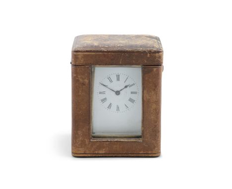 AN EDWARDIAN BRASS CASED CARRIAGE CLOCK in a leather case. 13cm highCondition Report:  See additional images