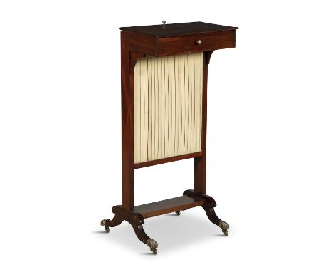 A VICTORIAN MAHOGANY FRAMED FIRE SCREEN STAND, with adjustable fabric panel and work box. 80cm high, 40cm wide, 30cm deep